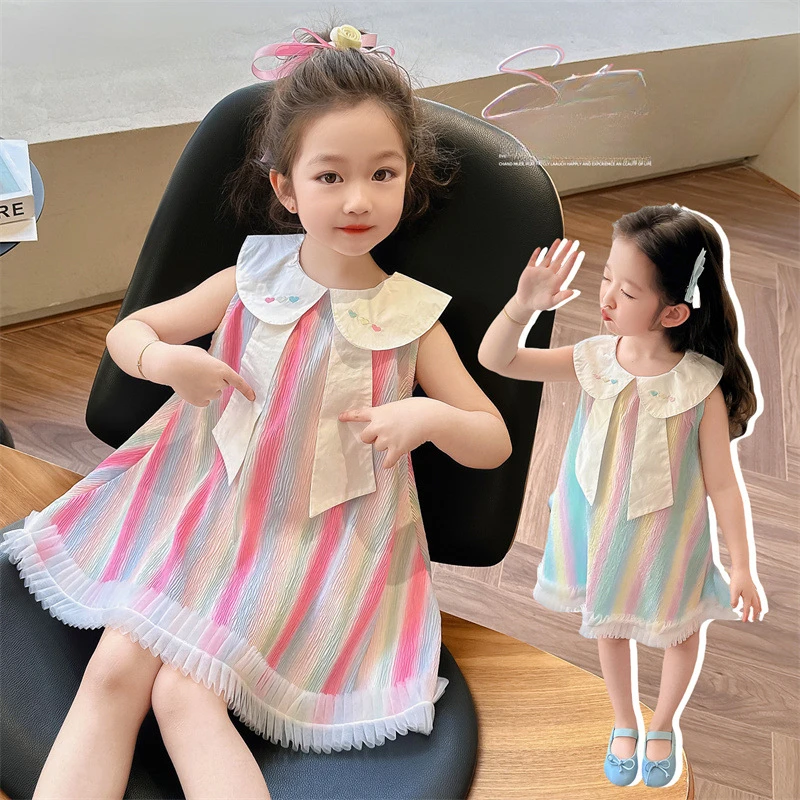 

Girls' Sleeveless Dress Summer New Fashion Little Girls Color Sundress Send 2 Hairpins Ropa De Niña Girls Clothes