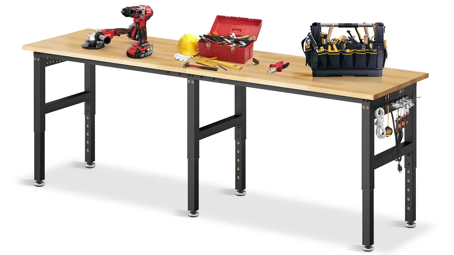 

96”Adjustable Work Bench, 5000 LBS Capacity Heavy Duty Workbench with Power Outlet & Pegboard, Rubber Wood Work, Customized
