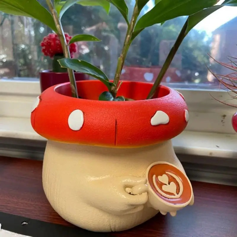 

Mushroom Planter Cute Belly Coffee Cup Flower Pot Mushroom-Shaped Vase with Drainage Bonsai Plant Holder for Indoor and Outdoor