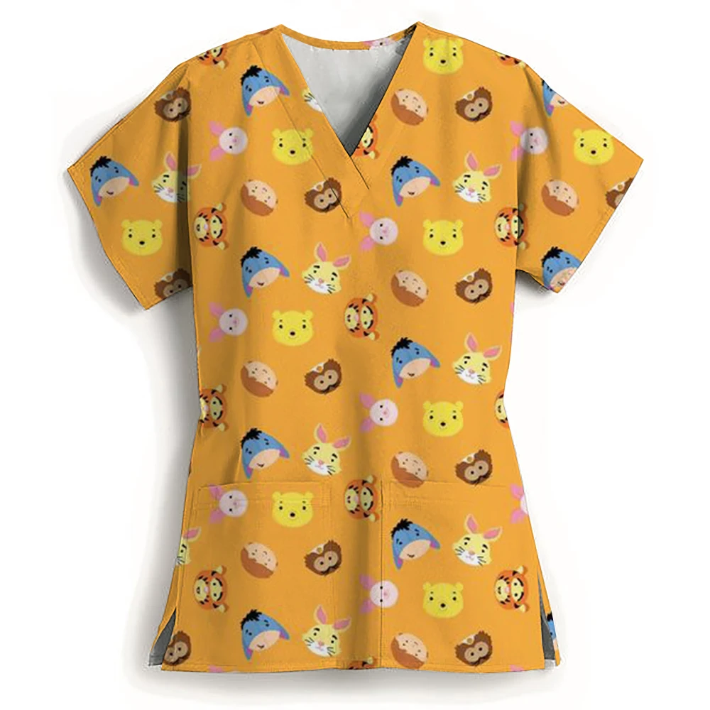 여성용 간호사 유니폼 티셔츠, 디즈니 귀여운 곰돌이 푸 상의, 애니메이션 브이넥, 새로운 포켓 병원 S-3XL