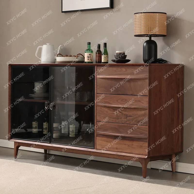 A Italian-Style Light Luxury North America Black Walnut Wood Sideboard Cabinet Wall Locker Solid Wood Glass Door Display Cabinet