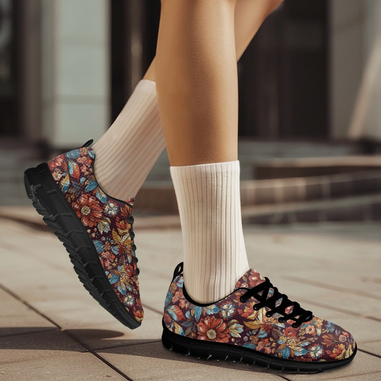 Women Flats Sport Casual Running Jogging Shoes Flower Floral Print Female Mesh Woman Sneakers Breathable Student Ladies Footwear