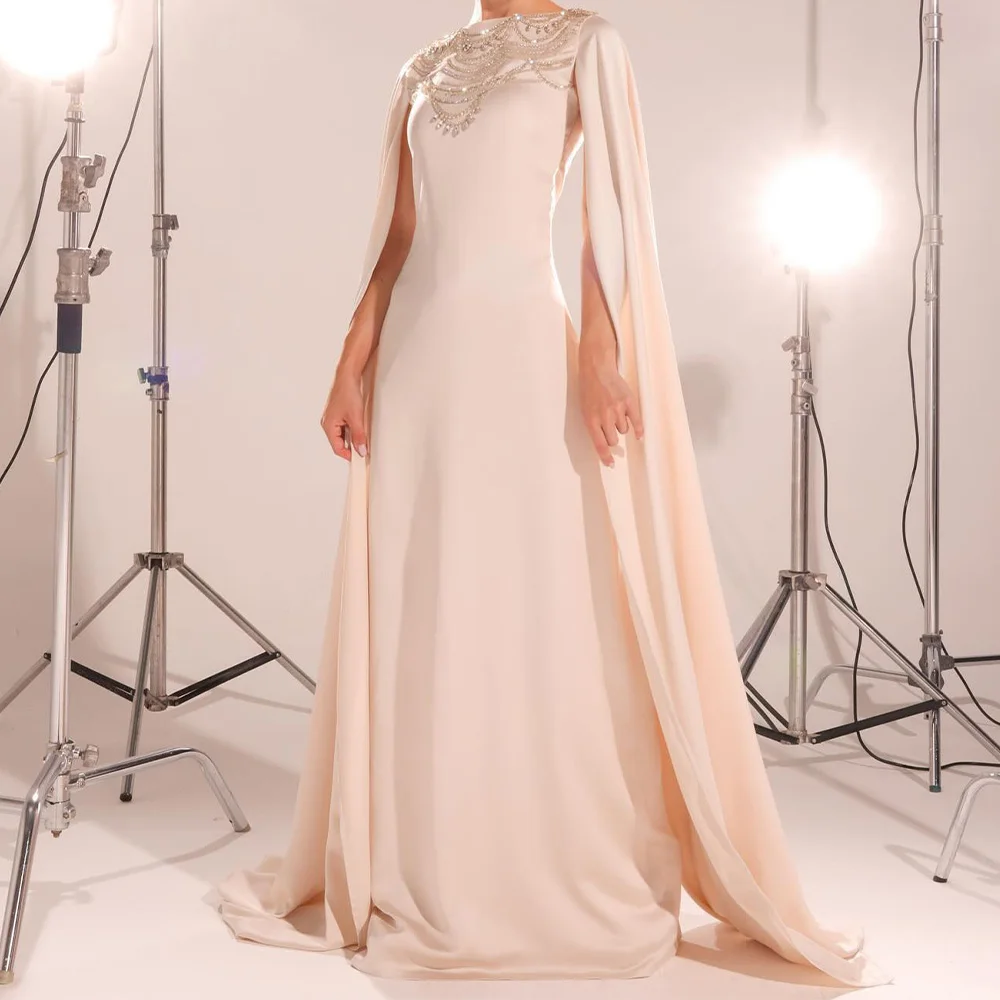 

Crystal Pearls O-neck Jersey Special Occasion Gowns Off the Shoulder Straight Charming Watteau Train Photo Color Floor Length