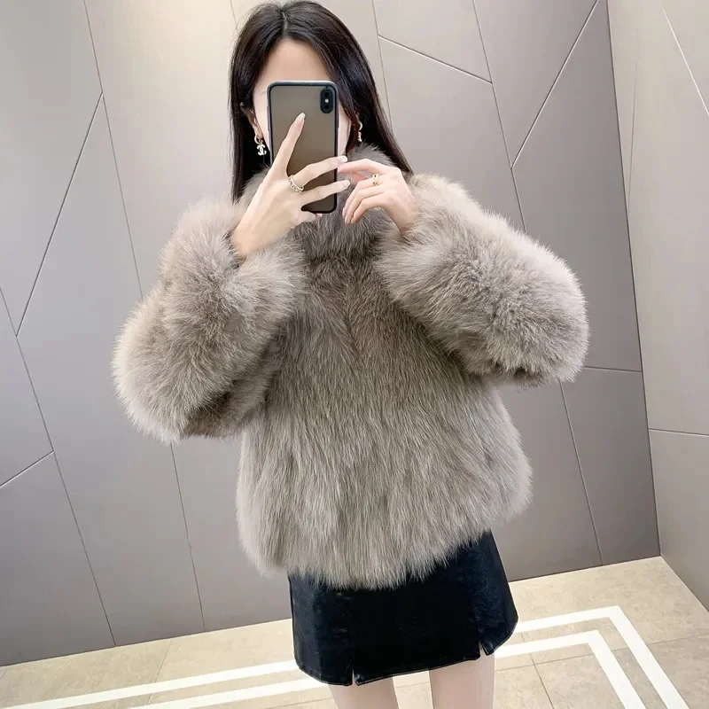 2024 Female Faux Fur Tops Coat Winter Women Fashion Short Plush Overcoat Ladies Long Sleeves Integrated Fur leather Fur Jacket