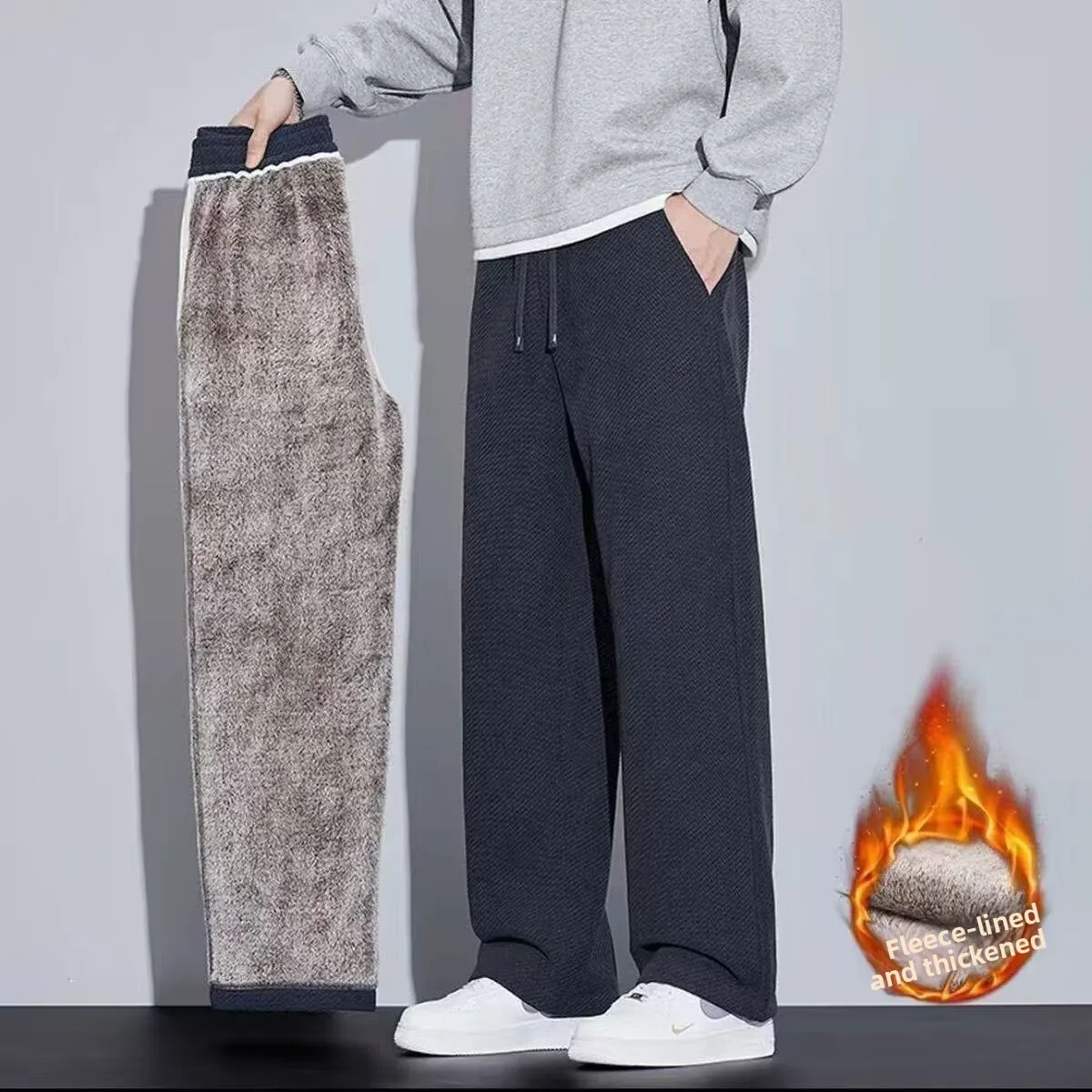 Men's Knitted Fleece Lined Loose Thick Winter Casual Pants Straight Leg Trousers Comfortable Soft Polyester Fiber Windproof