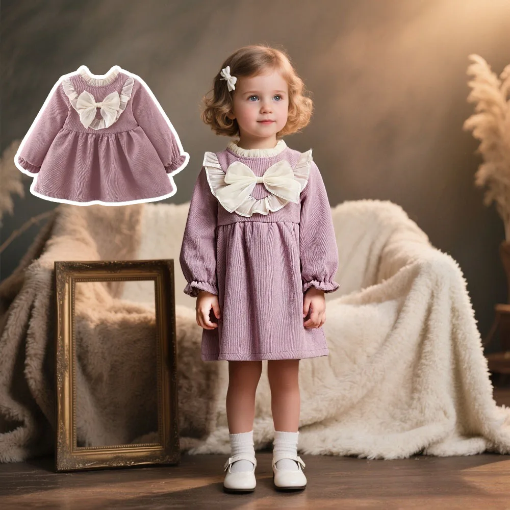 

Girls' Dresses Spring/Fall Solid-Color Long-Sleeve Bow Baby Girl Dress Adorable Baby Princess Dress Baby Girl Clothes