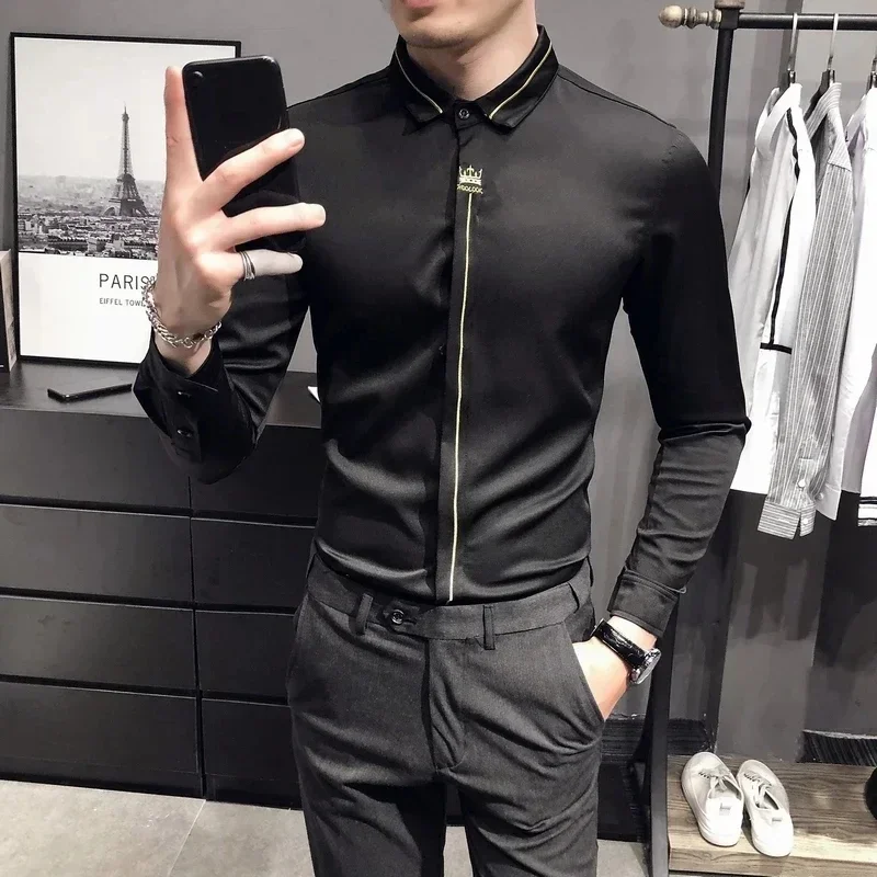 Spring Autumn Men's Silk Dress Shirt Casual Slim Fit Long-Sleeved Shirts Blouse Men Stage Party Formal Mens Brand Clothing S-5XL