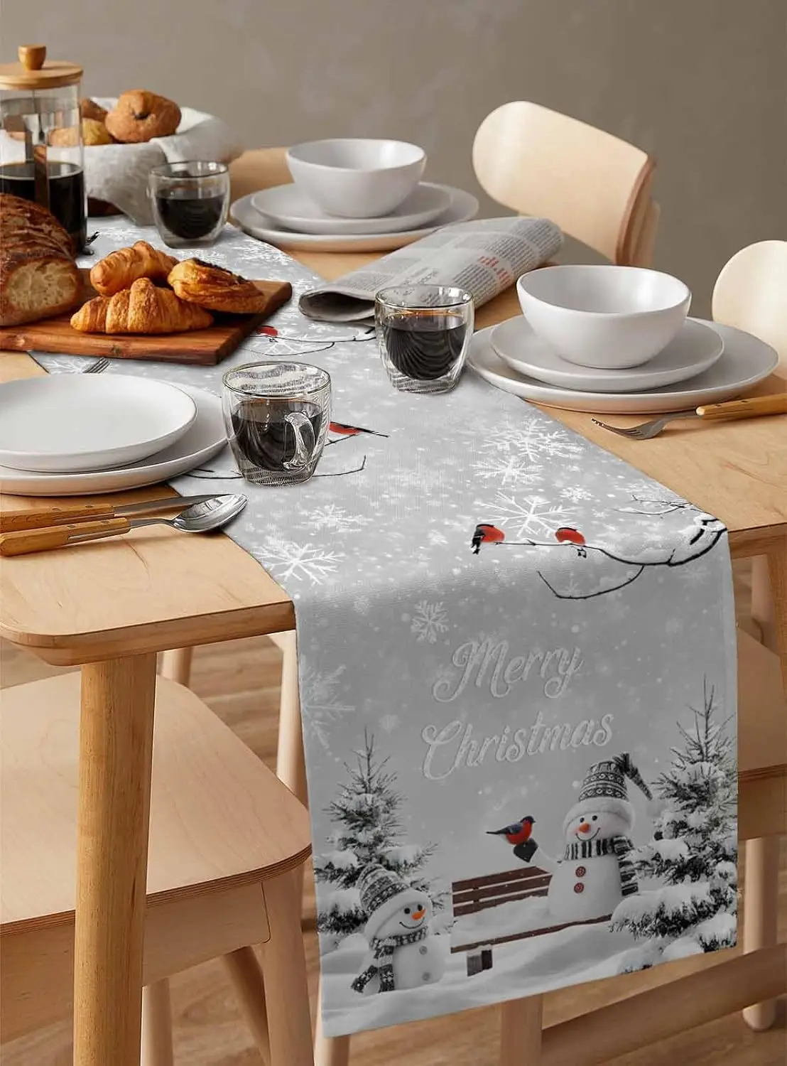 Christmas Snowman Snowflake Linen Table Runner Party Decor Winter Xmas Kitchen Dining Table Runner Christmas Decorations