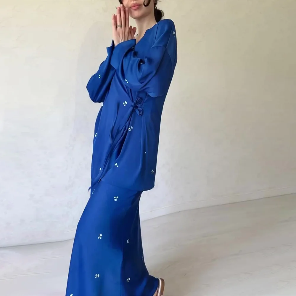 Satin Printed Long Dress Suit for Women Fashion Waist Drop Printed Crew Neck Long Sleeves Dress Suit Female Commuter Clothes