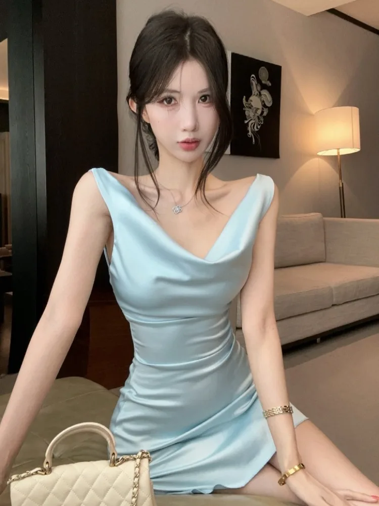

Elegant Pure Desire Satin V-neck Sleeveless Dress Summer New Style Slimming Sexy Waist-cinching Dress Short Skirt