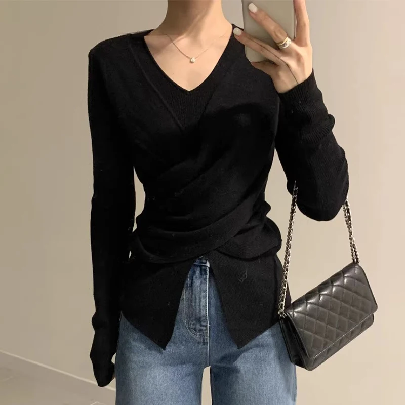 South korea Chic Autumn Retro Design Cross V-neck Irregular Pleat Slim fit Slimming Split Knit Women