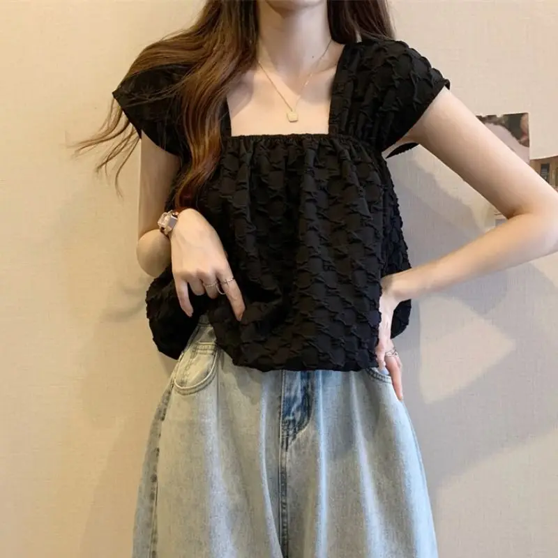 Women\'s Clothing 2023 Casual Korean Summer Thin Cute Sweet Young Style Pleated Solid Square Collar White Black Sleeveless Camis