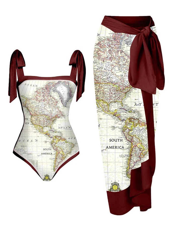 

Purple Vintage Map Print Swimsuit Women Sexy Erotic Suit Fashion Pieces for Elegance Luxury Tankini Beach Dress Maillots De Bain