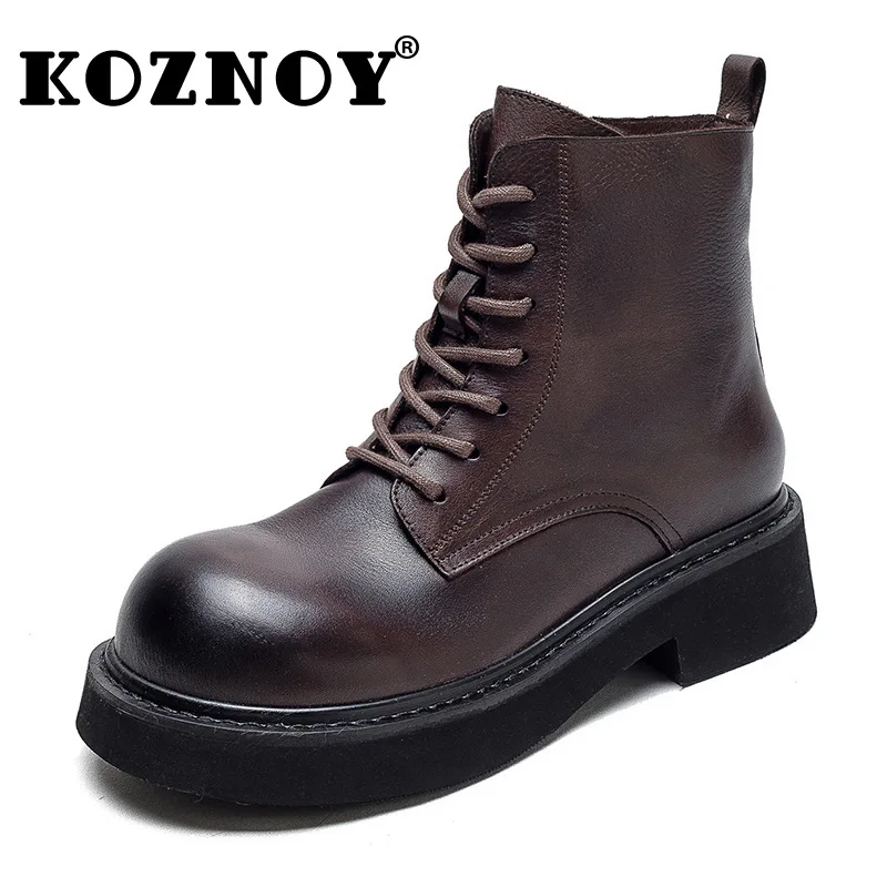 

Koznoy 4cm Ankle Boots Woman Booties Moccasins Cowgirl Flats Motorcycly Platform Wedge Autumn Spring Cow Genuine Leather Shoes