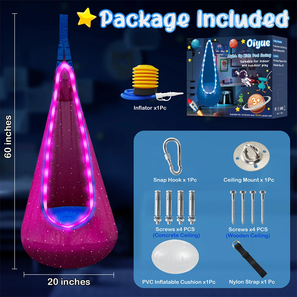 Illumina per bambini Pod Altalena per bambini Amaca sospesa Cuscino gonfiabile Pod Sedia a dondolo 4 modalità di luce 16 colori per ragazzi e ragazze