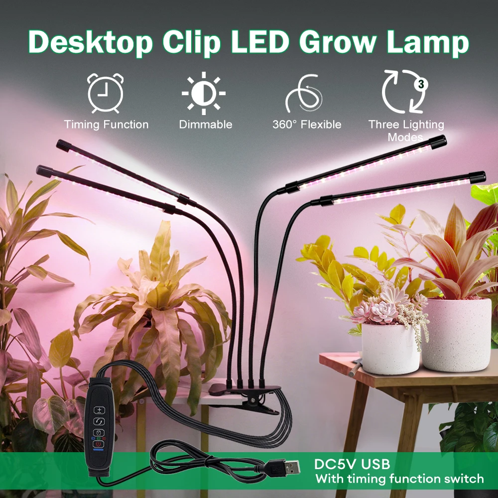 Clip-On LED Grow Light with Gooseneck, 2/3/4-Head Growing Lamp Kit, 5V USB Powered, Timer & Dimmable, for Greenhouse Hydroponics