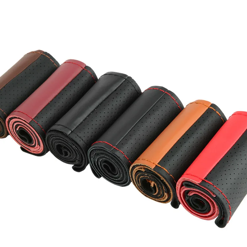 38cm Genuine Cowhide Leather Steering Wheel Cover Hand Stitched Two-Tone Color Block Perforated Sides All Season Breathable