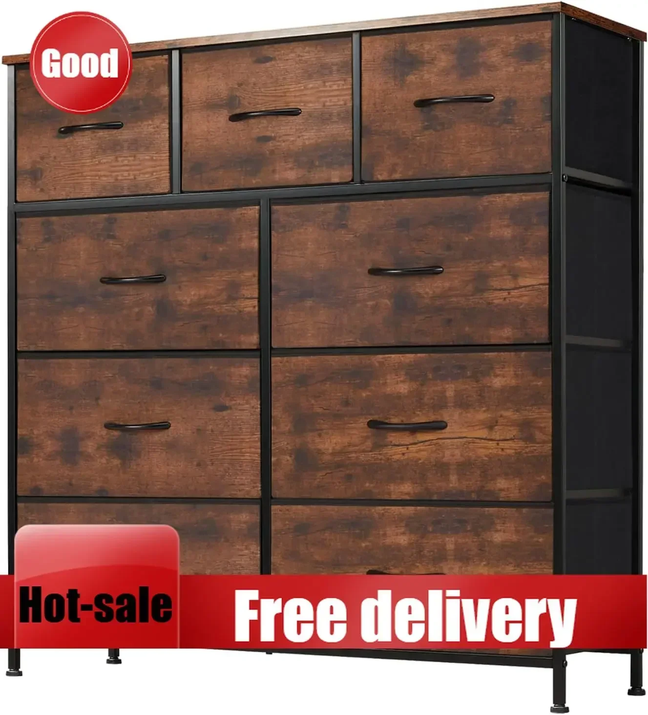 Dresser for Bedroom, Storage Organizer with 9 Drawers, Chest of Drawers with Fabric Bins, Sturdy Metal Frame, Wood Tabletop for