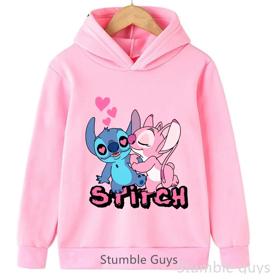 Kawaii Cartoon Blue & Pink Creature Pair Hearts Print Kids Hoodie Long Sleeve Hooded Pullover Boys Girls Casual Streetwear Tops
