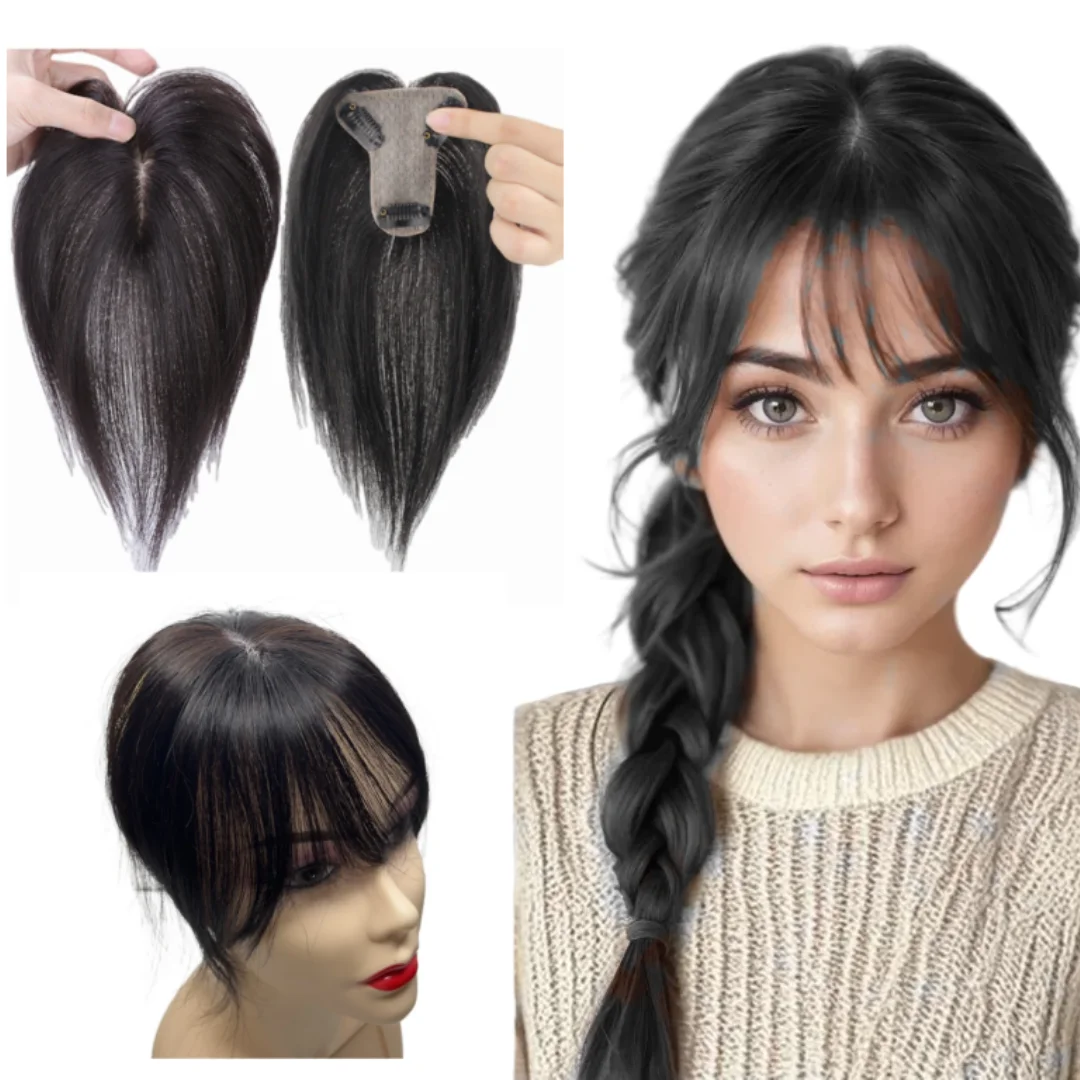 여성을위한 100% 진짜 인간의 머리카락 헤어 토퍼 3D 에어 뱅 헤어 실크베이스 7x8 커버 탈모와 Toupee의 중간 부분 클립