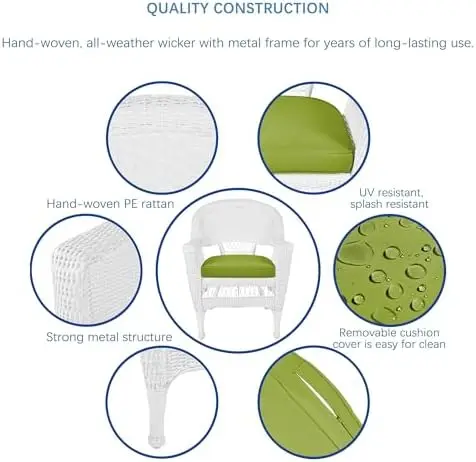 3-delige rieten bijzettafelset met groen stoelkussen, wit