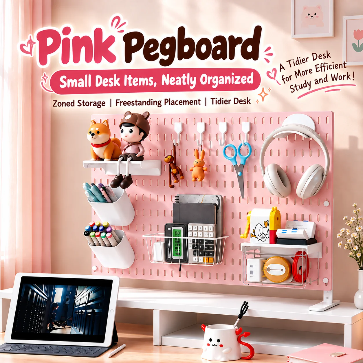 Pink Pegboard Desktop Display Rack, Freestanding Hole Board for Bedroom Desk Decor Stationery Headset Cosmetic Storage Organizer