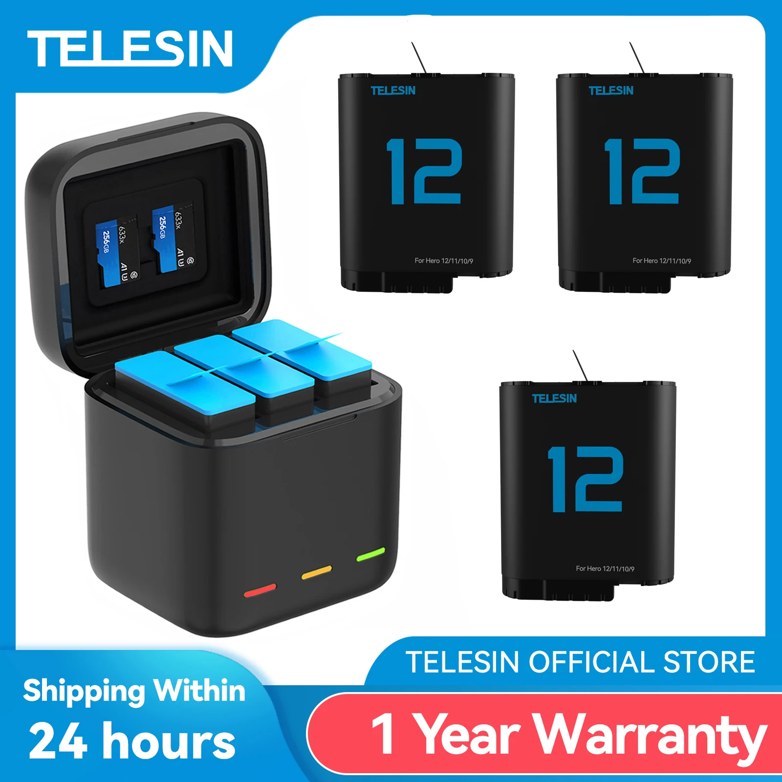 TELESIN Bateria do GoPro Hero 12 11 10 9 1750 mAh Bateria 3-drożna Szybka Ładowarka Pudełko do przechowywania kart TF Akcesoria GoPro Hero