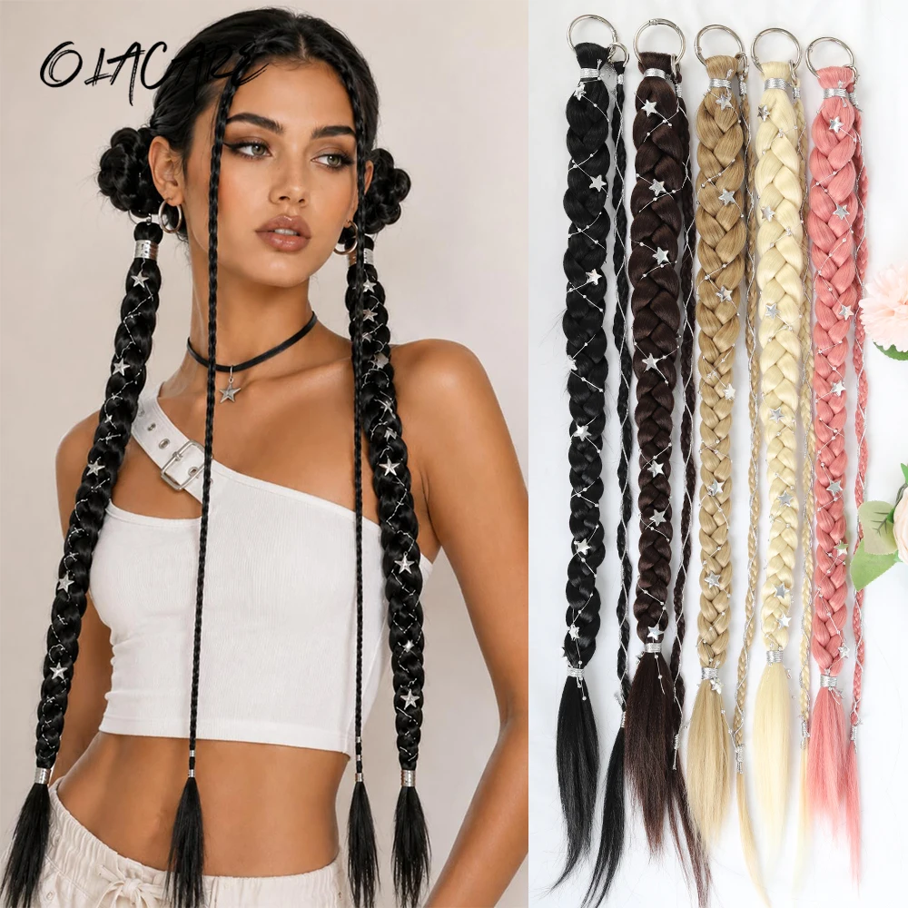 24Inch Synthetic Long Braids With Silver Star Decoration Soft Colorful Festival Cosplay Party Hair Extension Women