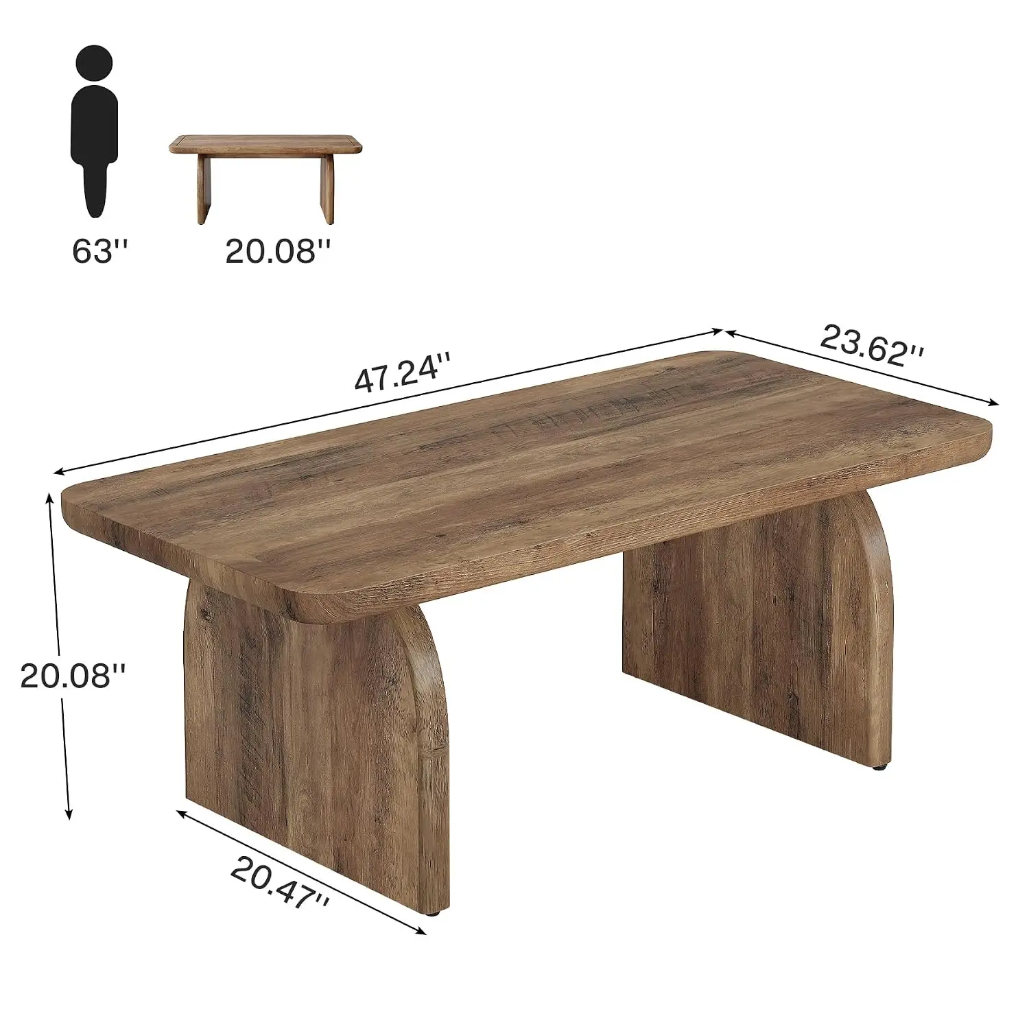 Farmhouse Coffee Table 47 Inch Rectangle Rounded Corners Mid-Century Modern Living Room Rustic Brown, Customized