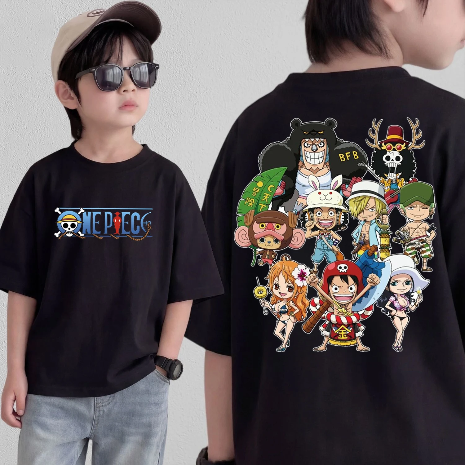 

Anime One Piece Cosplay T-Shirt Cotton Short Sleeve Tops Casual Loose Retro T-Shirt Men Women Kids Family Matching Outfits