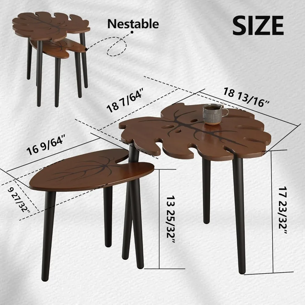 Conjunto de 2 mesas de madeira modernas com design de folha Monstera para sala de estar