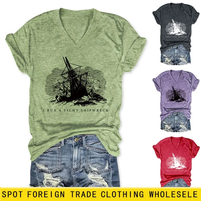 

Fashion letter print V-neck loose short-sleeved T-shirt for women - versatile summer top