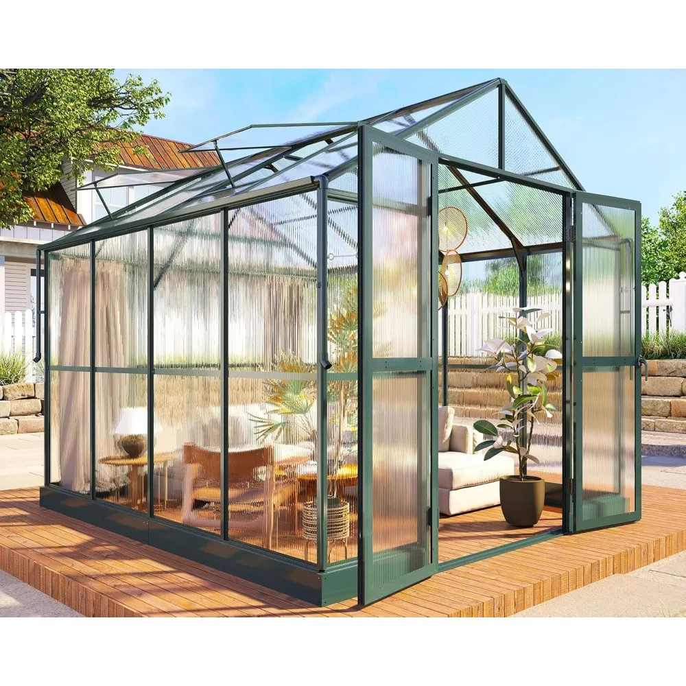 

7.5x7.6x7.4 FT Outdoor Aluminum Polycarbonate Greenhouse with Ventilation and Rain Gutter, Greenhouse