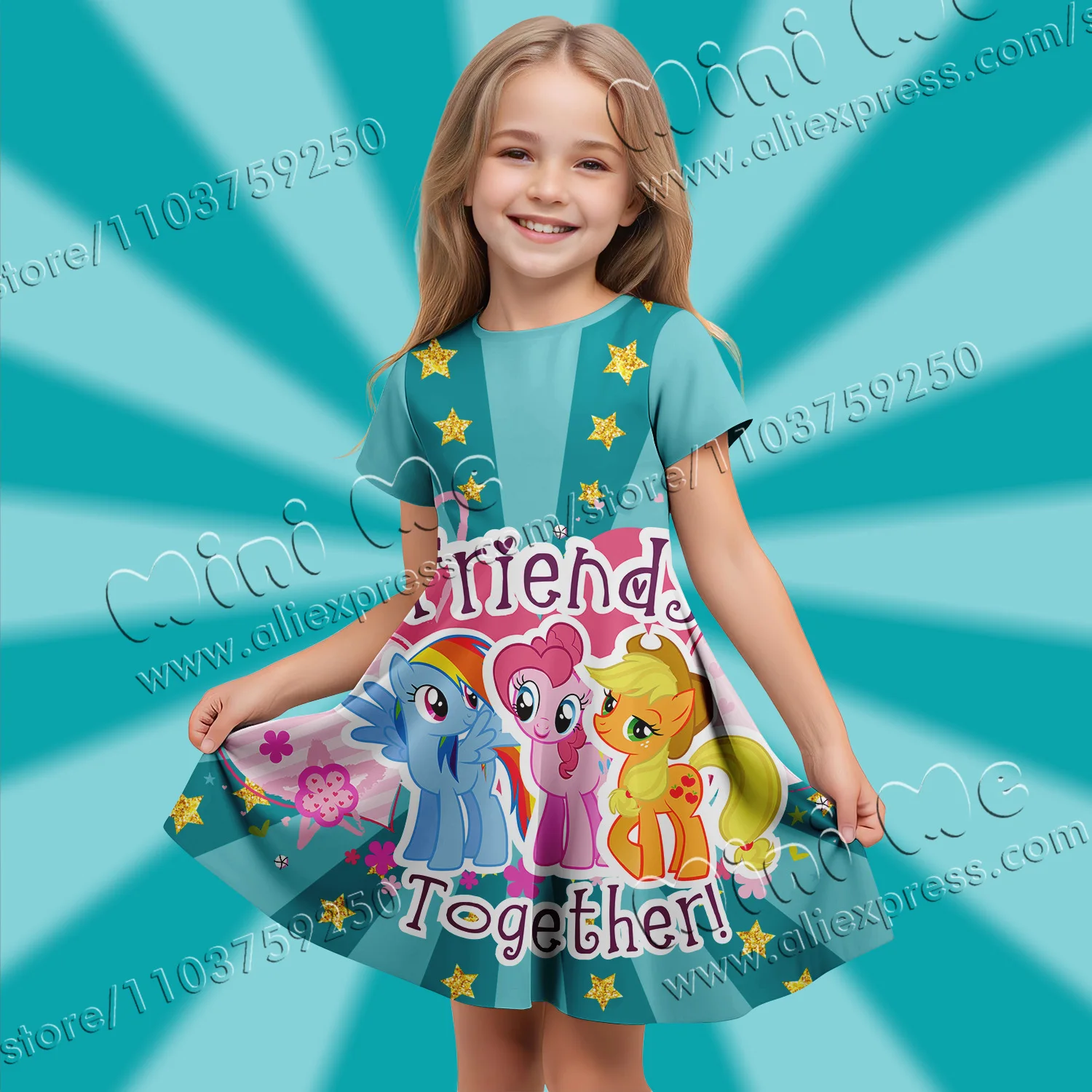 

MINISO авторизованные блестки 3d печать My Little Pony Элегантные платья Одежда для девочек летнее платье праздничное платье 2024 дети