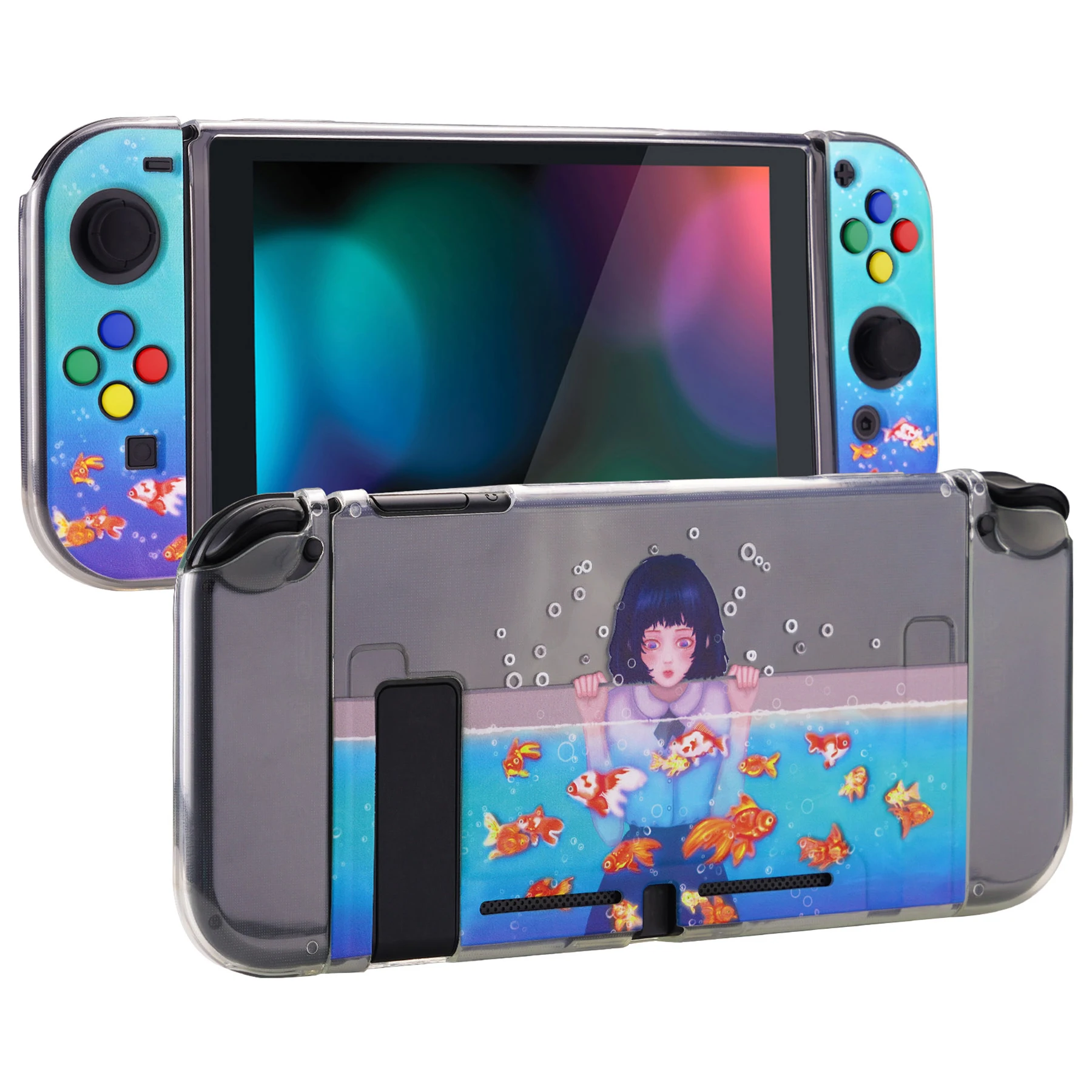 PlayVital Soft TPU Slim Protective Shell for Nintendo Switch W/Colorful  ABXY Direction Button Caps - Transparent Aquarium Girl