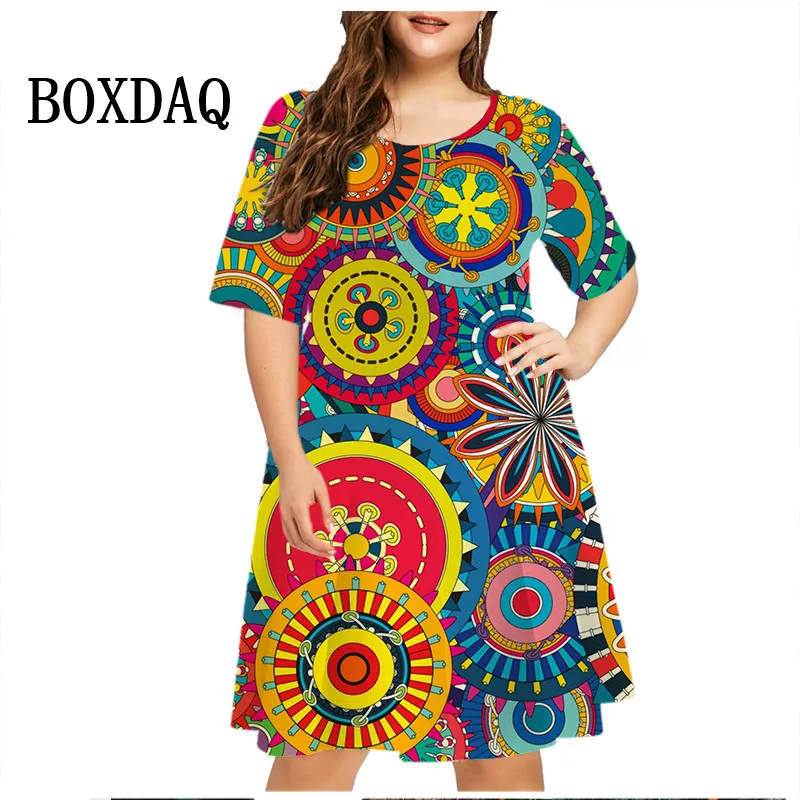 Women's Painting Dress Summer Fashion 3D geometry Print Short Sleeve Dress Ladies Oversize Loose Mini Dress Casual Party Clothes