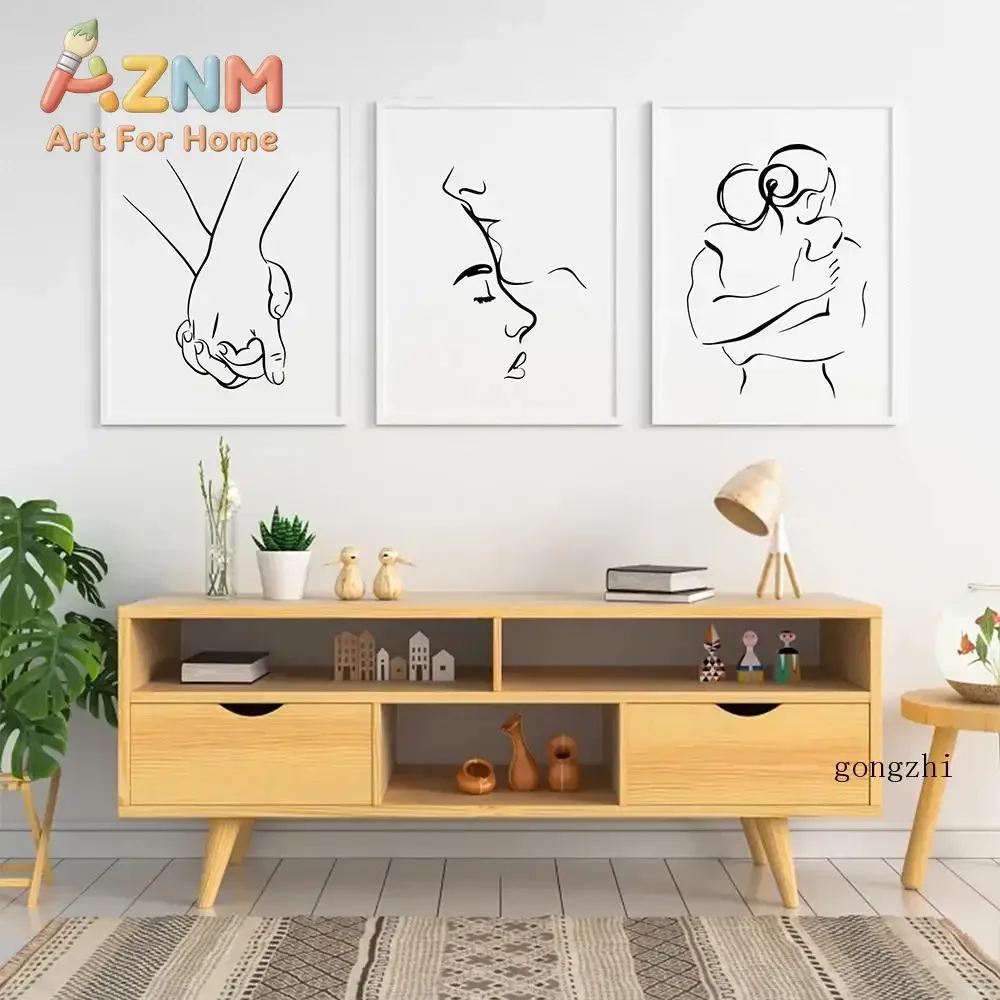 AZNM Couple One Line Art Canvas Wall Art Abstract Minimalist Lovers Hug Hand Holding Sketch Art Print Unframed Canvas Poster for