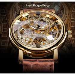 Winner Men Watches Men Gold Skeleton Watches Brown Leather Strap Mechanical Hand Wind Wristwatches Men montre homme Reloj Hombre