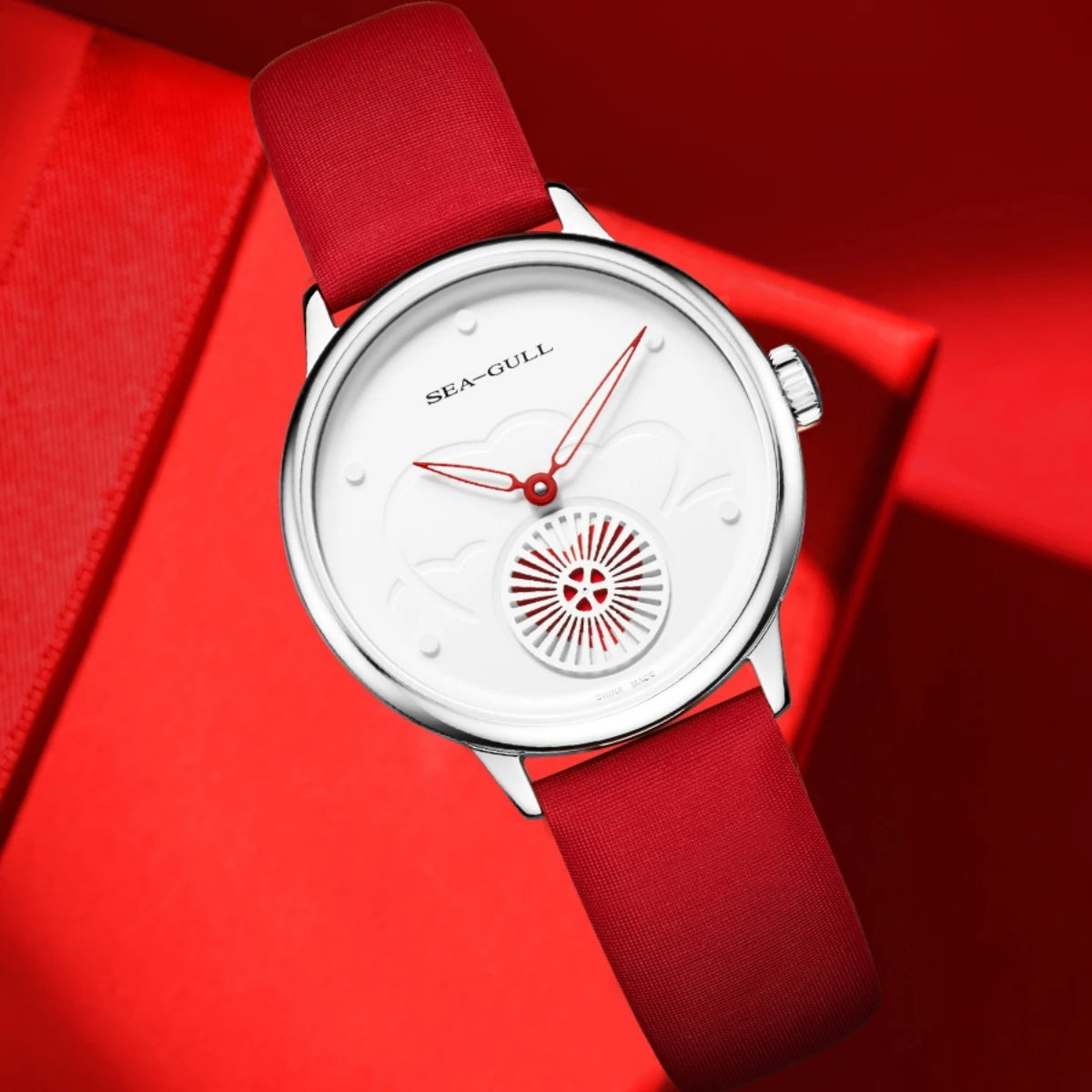 

Seagull Automatic Mechanical Women's Watch ST17 Movement Watches Red Leather Strap Stainless Steel Waterproof Wristwatches 6130L