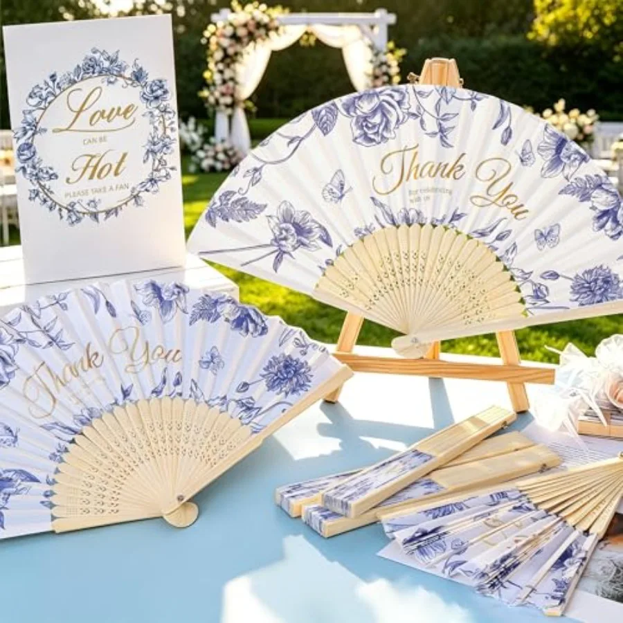 

Wedding folding fans for bridal shower and party decorations, blue floral silk fans with bamboo frame, vintage style, includes