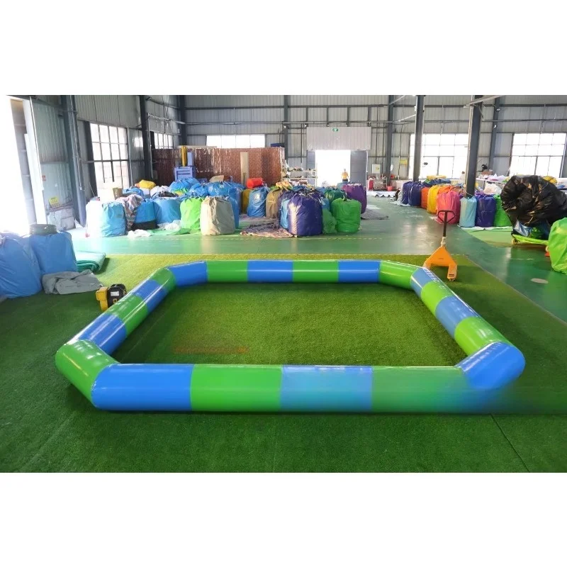 Blue and green inflatable fences for outdoor use in family gardens, trampoline parks or public spaces