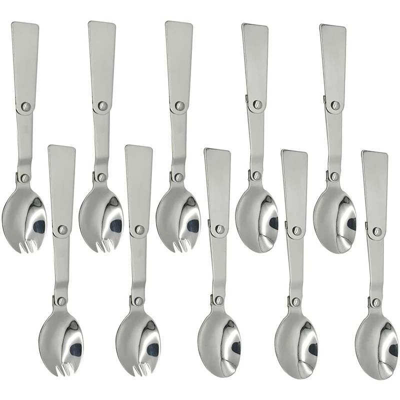 Top!-Set Of 10 Folding Fork And Spoon 304 Stainless Steel Portable For Thermos And Camping Spoon