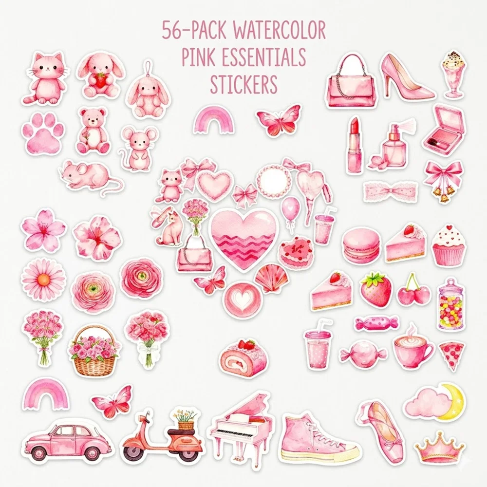 

56Pcs Pink Watercolor Aesthetic Stickers, Waterproof Cute Rabbit Dessert Decals for Laptop Phone Case Water Bottle Journal