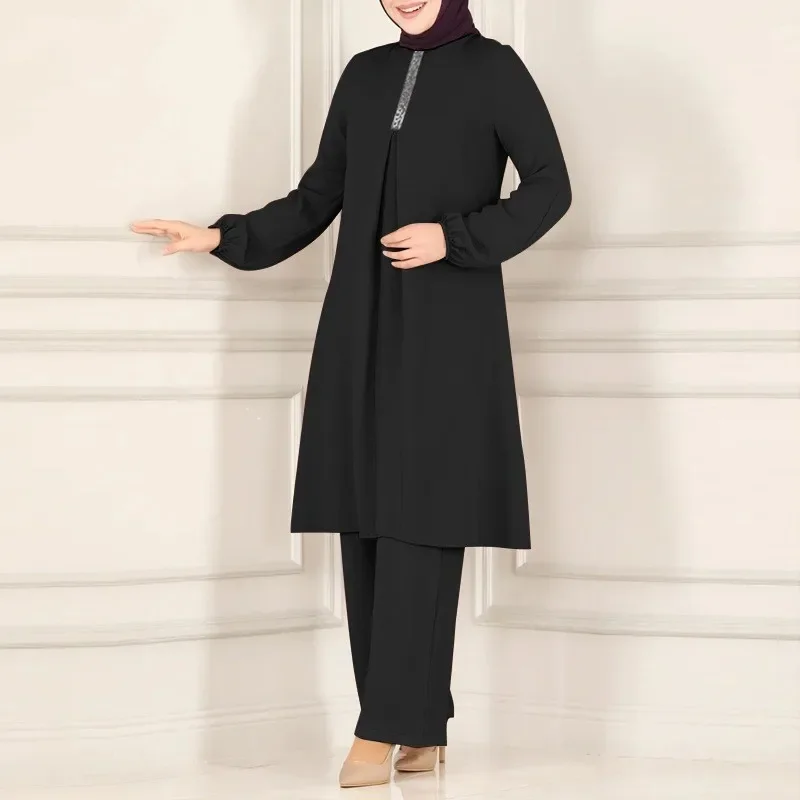 Islamic Fashion Clothing Suits for Women Spring Autumn Solid Color Elegant Abaya Long-sleeved Shirt Loose Wide-leg Pant Muslim