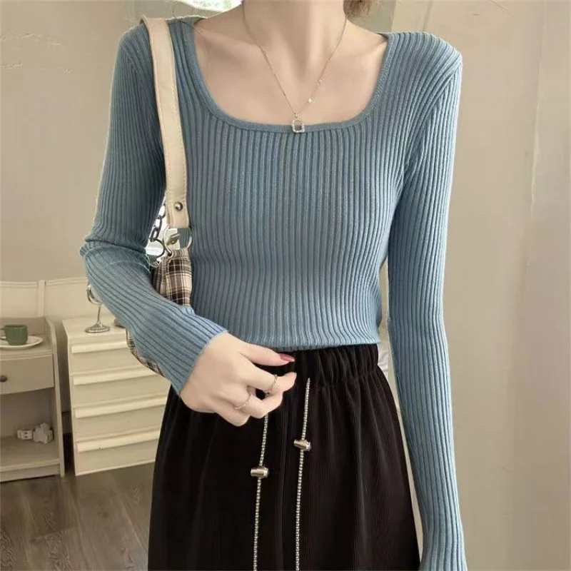 

Korean Sweet Fresh Spring New Slim Square Collar Long Sleeved Knitted Base T-shirt Women's Solid Patchwork Fashion Versatile Top