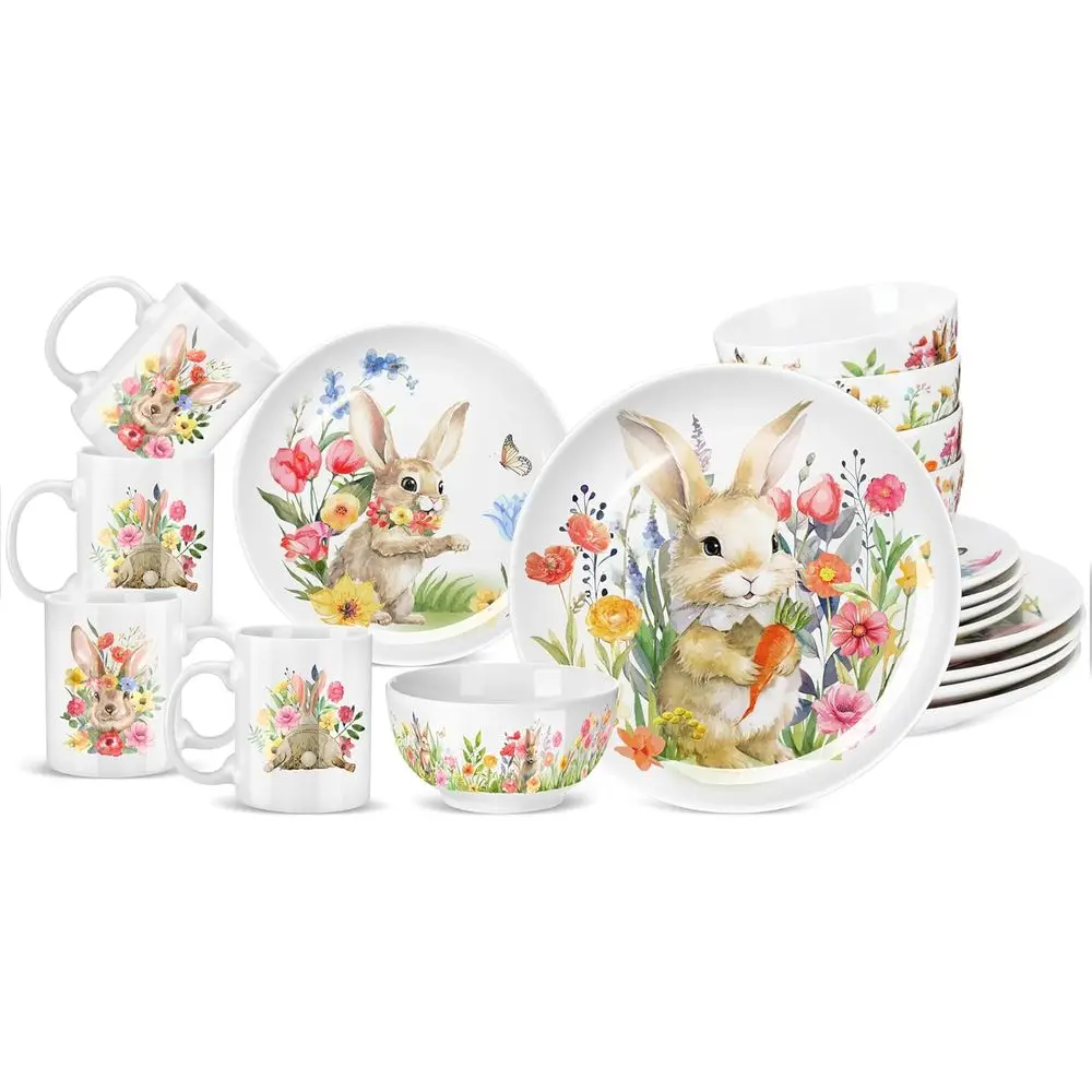 

Easter Bunny Dinnerware Set Includes 10 Dinner Plate, 7 Salad Plate, 5 Cereal Bowl, 16 oz Coffee Mug, Service for 4
