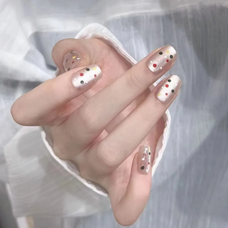 Uñas postizas con diseño de ojo de gato para niñas, uñas postizas coloridas de lunares, ovaladas cuadradas brillantes de verano, 24 piezas