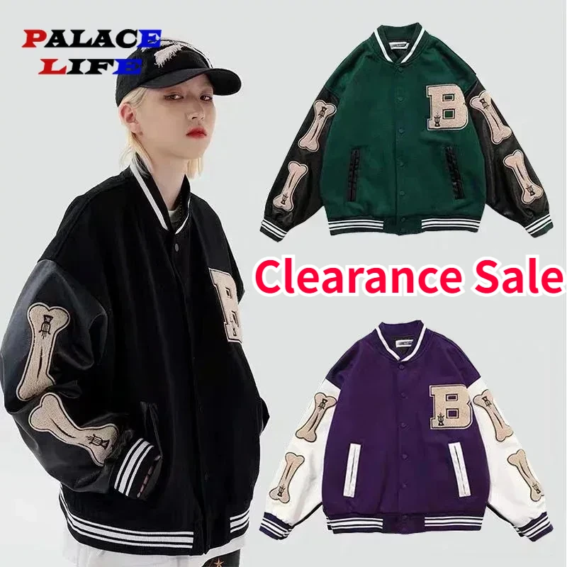 

Clearance Sale Hip Hop Baseball Jacket Men Furry Bone Letter Patchwork Varsity Jackets Street Harajuku Loose Bomber Coats Unisex