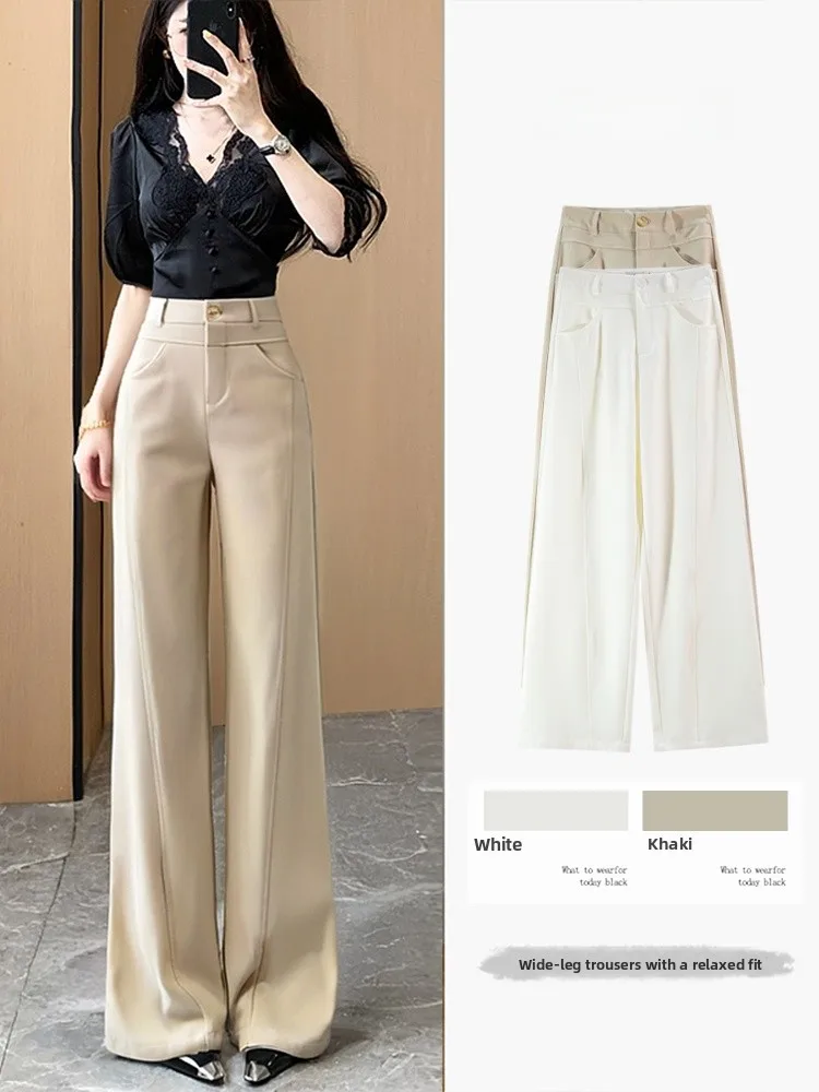 

Khaki Wide Leg Pants High Waist Korean Style Spring Summer Casual Flared Suit Pants for Women Soft Comfortable Polyester
