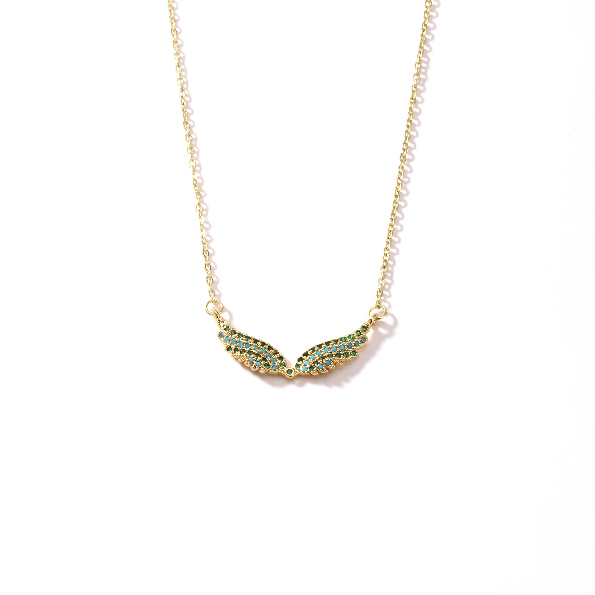 Engelsflügel-Halskette Vollbesetzt mit Zirkonia Feder-Anhänger Edelstahlkette Gold Silber Mehrfarbig Türkis Rosa Kristall Choker